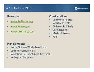 #2 – Make a Plan

Resources:                       Considerations:
                                 • Commute Routes
• www.RedCross.org
                                 • Nearby Threats
• www.Ready.gov                  • Children & Elderly
                                 • Special Needs
• www.Do1Thing.com
                                 • Medical Needs
                                 • Pets

Plan Elements:
• Home/School/Workplace Plans
• Communication Plans
• Neighbors & Out‐of‐Area Contacts
• 3+ Days of Supplies
 
