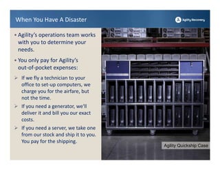 When You Have A Disaster

• Agility’s operations team works 
 with you to determine your 
 needs.
• You only pay for Agility’s 
 out‐of‐pocket expenses: 
 If we fly a technician to your 
   office to set‐up computers, we 
   charge you for the airfare, but 
   not the time.
 If you need a generator, we'll 
   deliver it and bill you our exact 
   costs.
 If you need a server, we take one 
   from our stock and ship it to you. 
   You pay for the shipping. 
                                         Agility Quickship Case
 