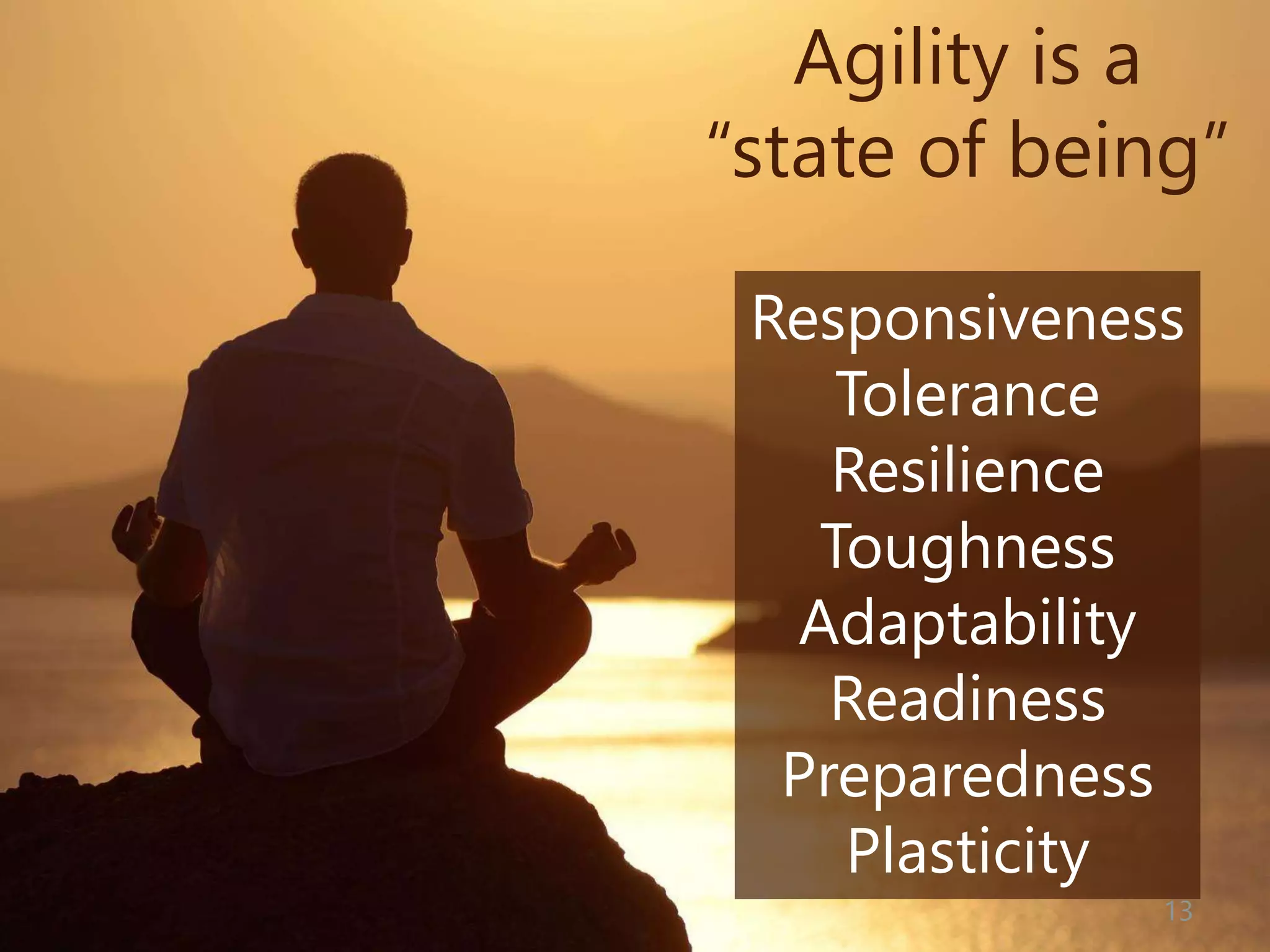 © Prosci Inc. All rights reserved.
Responsiveness
Tolerance
Resilience
Toughness
Adaptability
Readiness
Preparedness
Plasticity
Agility is a
“state of being”
13
 