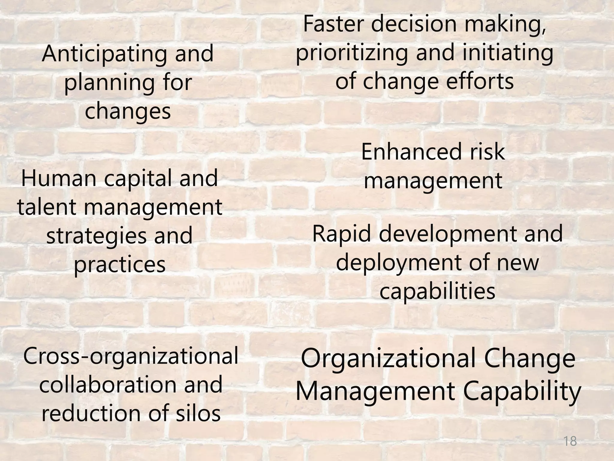 © Prosci Inc. All rights reserved.
Anticipating and
planning for
changes
Human capital and
talent management
strategies and
practices
Rapid development and
deployment of new
capabilities
Faster decision making,
prioritizing and initiating
of change efforts
Enhanced risk
management
Cross-organizational
collaboration and
reduction of silos
Organizational Change
Management Capability
18
 