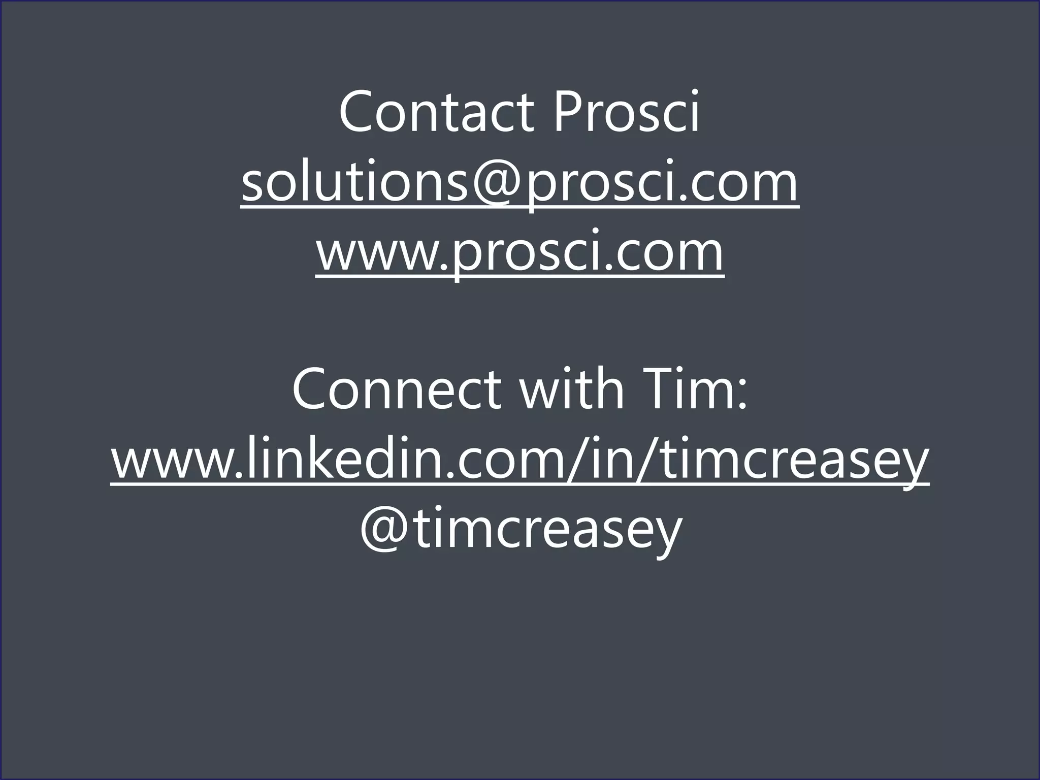 © Prosci Inc. All rights reserved. 23
Contact Prosci
solutions@prosci.com
www.prosci.com
Connect with Tim:
www.linkedin.com/in/timcreasey
@timcreasey
 