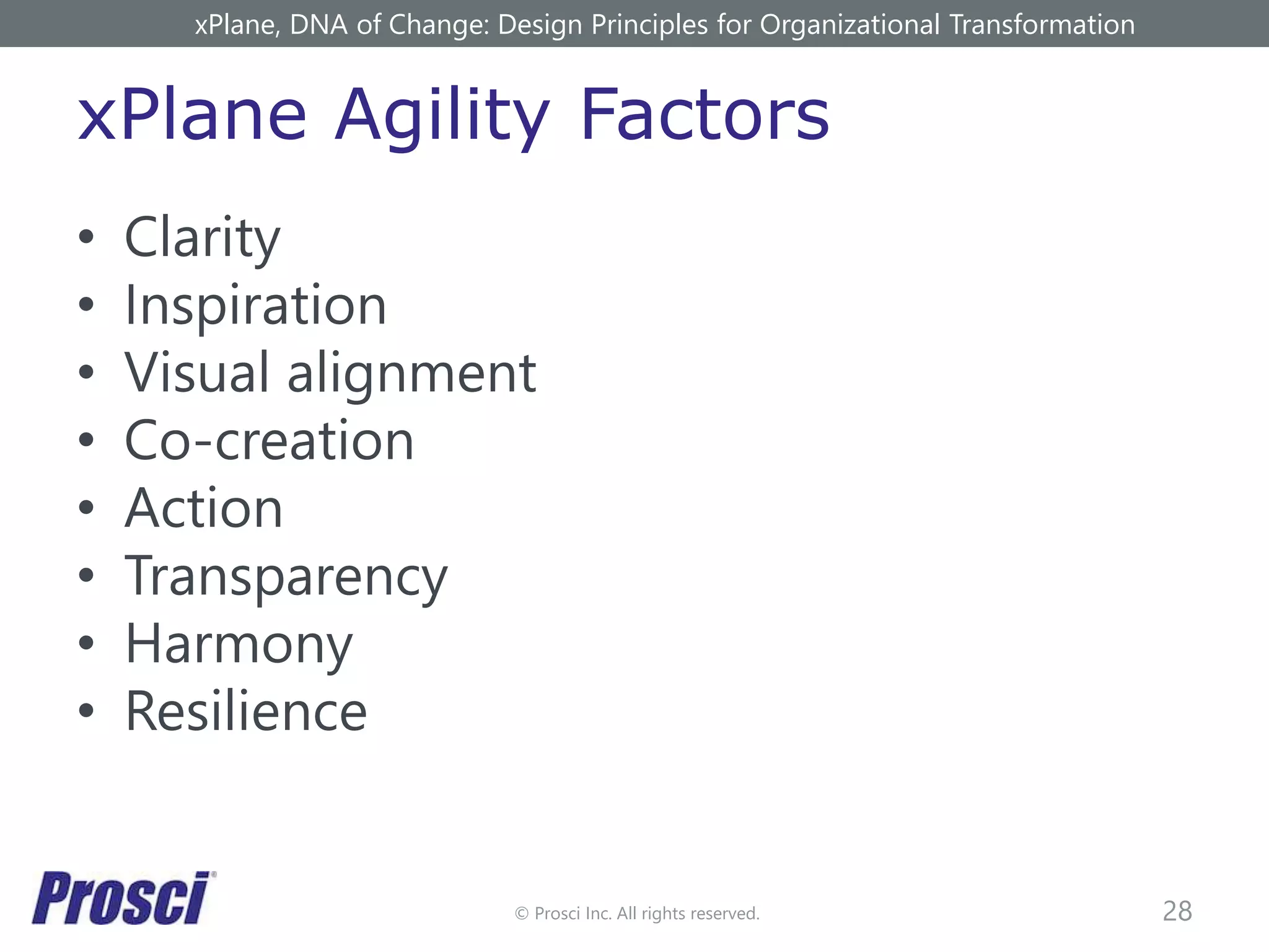 © Prosci Inc. All rights reserved.
xPlane Agility Factors
• Clarity
• Inspiration
• Visual alignment
• Co-creation
• Action
• Transparency
• Harmony
• Resilience
28
xPlane, DNA of Change: Design Principles for Organizational Transformation
 
