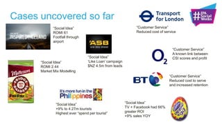 Cases uncovered so far
“Social Idea”
ROMI 61
Footfall through
airport
“Social Idea”
ROMI 2.44
Market Mix Modelling
“Customer Service”
Reduced cost of service
“Customer Service”
A known link between
CSI scores and profit
“Customer Service”
Reduced cost to serve
and increased retention
 