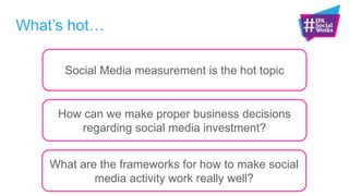 What‟s hot…
Social Media measurement is the hot topic
How can we make proper business decisions
regarding social media investment?
What are the frameworks for how to make social
media activity work really well?
 