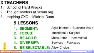 © SmoothApps 2017 | SmoothApps | Blog | Training | Newsletter | Twitter | LinkedIn | Facebook | Google+ ‹#›
1. SEGMENT:
2. FOCUS:
3. BE AGILE:
4. DIVERSIFY:
5. BE SELECTABLE:
3 TEACHERS
10
Agile Interest + Business Value
Intentional + Surgical
Measurable + Incremental
Services + Packages
Allow Choice
1. School of Hard Knocks
2. Thought leaders at Scrum.org
3. Inspiring CXO – Michael Dunn
5 LESSONS
Read my blog on this topic
 