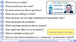 © SmoothApps 2017 | SmoothApps | Blog | Training | Newsletter | Twitter | LinkedIn | Facebook | Google+ ‹#›12
smoothapps
smoothapps
orgwhisperer
1 Where are you today?
2 Where would you like to be?
3 By when would you like to get there?
4 What are you willing to invest?
5 What services can the Agile Enablement Organization offer?
6 What packages are available?
7 Which package would you like to choose?
8 How might we reflect on our progress?
9 What’s available to help you?
10 Will you use what’s available as-is / customize / complement / hybrid?
Read my blog on this topic
 