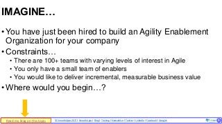 © SmoothApps 2017 | SmoothApps | Blog | Training | Newsletter | Twitter | LinkedIn | Facebook | Google+ ‹#›
•You have just been hired to build an Agility Enablement
Organization for your company
•Constraints…
• There are 100+ teams with varying levels of interest in Agile
• You only have a small team of enablers
• You would like to deliver incremental, measurable business value
•Where would you begin…?
IMAGINE…
2Read my blog on this topic
 