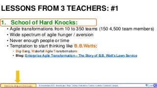 © SmoothApps 2017 | SmoothApps | Blog | Training | Newsletter | Twitter | LinkedIn | Facebook | Google+ ‹#›
1. School of Hard Knocks:
• Agile transformations from 10 to 350 teams (150 4,500 team members)
• Wide spectrum of agile hunger / aversion
• Never enough people or time
• Temptation to start thinking like B.B.Watts:
• Big-Bang, Waterfall Agile Transformations
• Blog: Enterprise Agile Transformation – The Story of B.B. Watt’s Lawn Service
LESSONS FROM 3 TEACHERS: #1
4Read my blog on this topic
 
