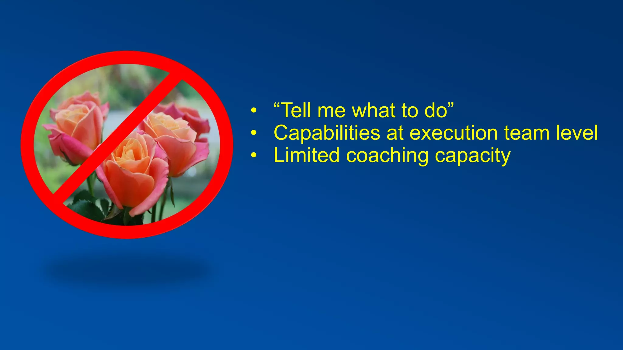 • “Tell me what to do”
• Capabilities at execution team level
• Limited coaching capacity
 