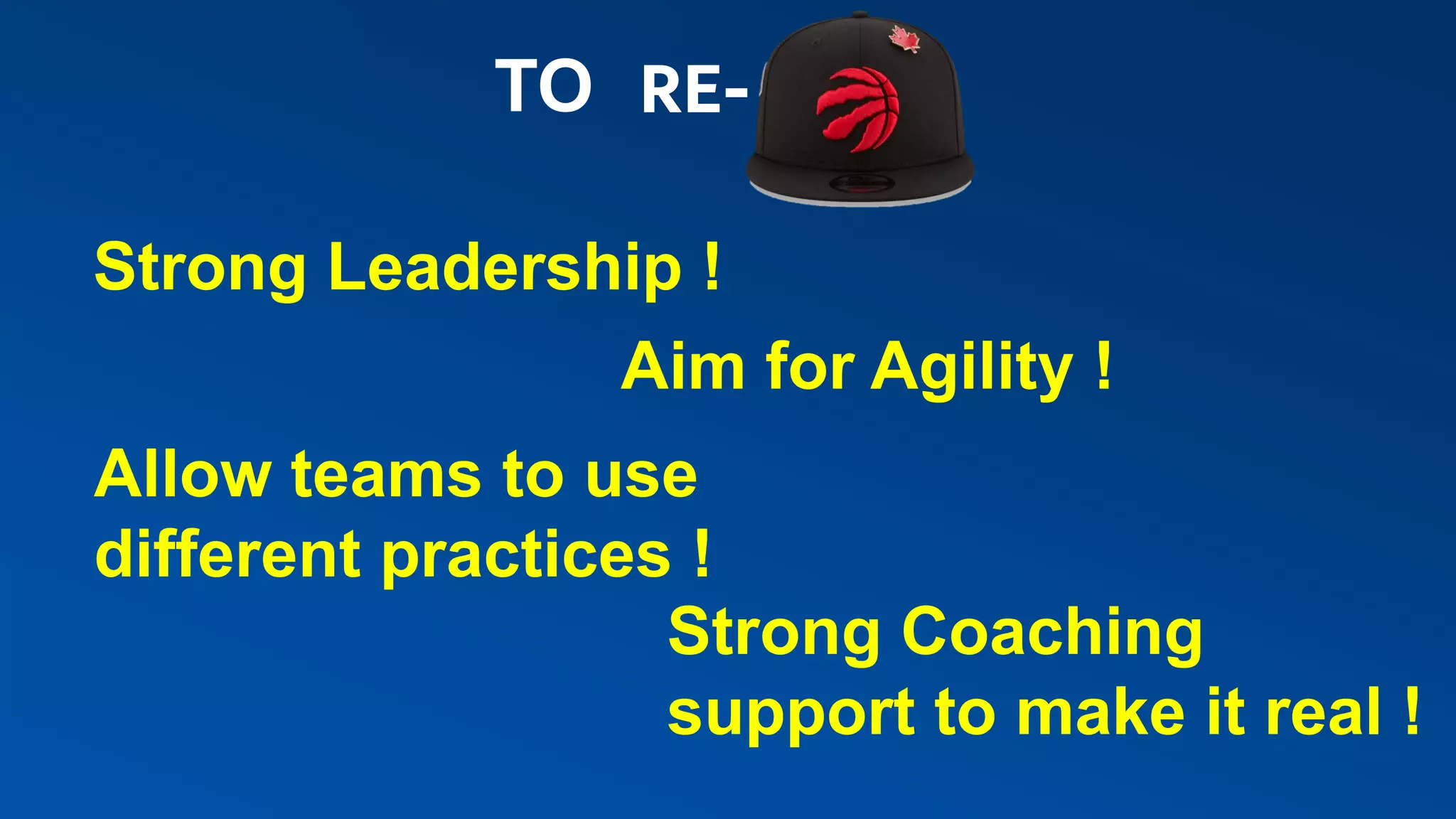 Strong Leadership !
Aim for Agility !
Allow teams to use
different practices !
Strong Coaching
support to make it real !
TO RE-
 