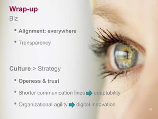 Wrap-up
Biz
• Alignment: everywhere
• Transparency
Culture > Strategy
• Openess & trust
• Shorter communication lines adaptability
• Organizational agility digital innovation
23
 