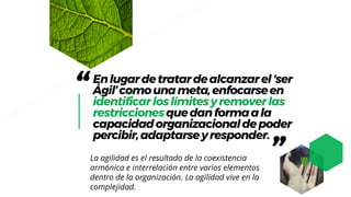 “Enlugardetratardealcanzarel'ser
Ágil’comounameta,enfocarseen
identificarloslímitesyremoverlas
restriccionesquedanformaala
capacidadorganizacionaldepoder
percibir,adaptarseyresponder.
”La agilidad es el resultado de la coexistencia
armónica e interrelación entre varios elementos
dentro de la organización. La agilidad vive en la
complejidad.
 