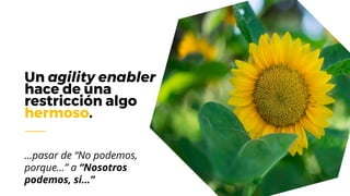 Un agility enabler
hace de una
restricción algo
hermoso.
…pasar de “No podemos,
porque…” a “Nosotros
podemos, si…”
 