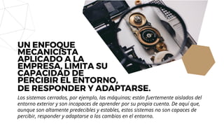 DE RESPONDER Y ADAPTARSE.
Los sistemas cerrados, por ejemplo, las máquinas; están fuertemente aislados del
entorno exterior y son incapaces de aprender por su propia cuenta. De aquí que,
aunque son altamente predecibles y estables, estos sistemas no son capaces de
percibir, responder y adaptarse a los cambios en el entorno.
UN ENFOQUE
MECANICISTA
APLICADO A LA
EMPRESA, LIMITA SU
CAPACIDAD DE
PERCIBIR EL ENTORNO,
 