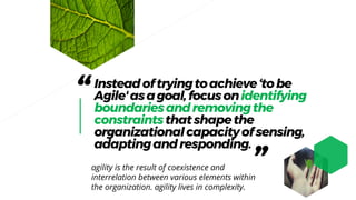 “Insteadoftryingtoachieve‘tobe
Agile'asagoal,focusonidentifying
boundariesandremovingthe
constraintsthatshapethe
organizationalcapacityofsensing,
adaptingandresponding.
”agility is the result of coexistence and
interrelation between various elements within
the organization. agility lives in complexity.
 