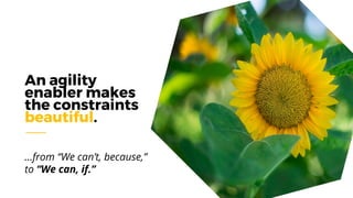 An agility
enabler makes
the constraints
beautiful.
…from “We can’t, because,”
to “We can, if.”
 