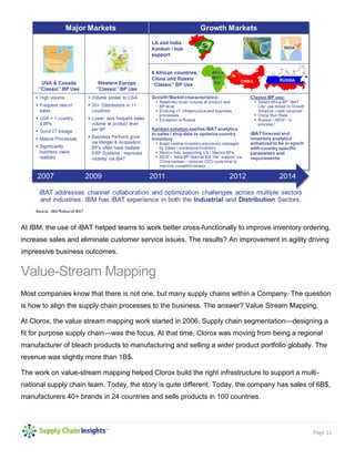 Page 11
At IBM, the use of iBAT helped teams to work better cross-functionally to improve inventory ordering,
increase sales and eliminate customer service issues. The results? An improvement in agility driving
impressive business outcomes.
Value-Stream Mapping
Most companies know that there is not one, but many supply chains within a Company. The question
is how to align the supply chain processes to the business. The answer? Value Stream Mapping.
At Clorox, the value stream mapping work started in 2006. Supply chain segmentation—designing a
fit for purpose supply chain—was the focus. At that time, Clorox was moving from being a regional
manufacturer of bleach products to manufacturing and selling a wider product portfolio globally. The
revenue was slightly more than 1B$.
The work on value-stream mapping helped Clorox build the right infrastructure to support a multi-
national supply chain team. Today, the story is quite different. Today, the company has sales of 6B$,
manufacturers 40+ brands in 24 countries and sells products in 100 countries.
 
