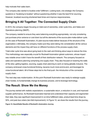 Page 22
help motivate their sales team.
The company also started to localize order fulfillment. Looking back, one strategic the Company
questions is “localizing to localize” without questioning whether it was the best fit for sourcing.
However, localized sourcing shortened lead times and improve responsiveness.
Bringing It All Together: The Connected Supply Chain
In 2015, the company began focusing on total cost of ownership, order cycle time, and Sales and
Operations planning (S&OP).
The company needed to ensure they were balancing everything appropriately, not only considering
just purchase price variance or cost down but all the elements of the source-plan-make-deliver cycle.
(In the case of Rockwell Automation, it’s plan-source-make-deliver because of the structure of the
organization.) Ultimately, the company made sure they were taking into consideration all the various
elements and the impact they will have on different functions of the process supply chain.
Total order cycle time was about going back to the cash and thinking about ways to reduce the time.
This methodology was especially crucial for Rockwell Automation global customers, whose impact
was notable since it didn’t have the benefit of their distribution network. The company focused on
sales and operations planning comprising one supply chain. They also focused on lowering the walls
of the silos: getting logistics, sourcing, supply chain planning to work on being globally inclusive. The
company embraced cross-functional thinking, became much more end-to-end, and leveraged its
cross-functional talent. All of these steps led to the final push: the introduction of the connected
supply chain.
The next step was modernization. At this point Rockwell Automation was ready to redesign supply
chain hordes, to fundamentally change its business process, and to leverage technology.
The Result: Show Me the Money
The journey started with realistic expectations: a sustainable return, a reduction in cost, and improved
supplier performance. As Rockwell Automation learned and understood their capacity and segmented
their data, they saw significant improvement in on-time fulfillment rates, product lead time drops by
50%, and past due orders (ten-fold improvement). In Figure 14, we share the results from the journey.
Figure 14. Quantifiable Results of Rockwell’s Automation Journey
 