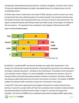 Page 34
Consequently, Shell experienced service level hits, resulting in firefighting. The block chart in Figure
18 tracks the relationship between the stable, forecastable product, the variable product, and the
unpredictable product.
As Shell’s sales volume, excess stock, the number of SKUs sold grew, and the revenue over a long
enough period, there was a disturbing picture: the areas for growth in the company’s business were
the hardest to forecast. Nick recognized that he was running out of levers to drive improvement. The
regions running the business were finding it harder and harder to stay on the projects. He needed to
find new solutions. This quest led to the consideration of the adoption of Demand-Driven MRP.
Figure 18. Product Portfolio Analysis
By definition, in traditional MRP, the forecast translates into supply chain requirements. In the
process, the initial forecast number first becomes a finished goods requirement, then a planned order,
and finally a materials requirement – all based on the initial forecast. The problem is that a forecast is
not an absolute number. Instead, it is a set of probabilities. As demand error increases, a focus on
inventory buffers and push/pull decoupling methods increases in importance. Previously, Shell was
only looking at safety stock levels and not the form and function of inventory. The adoption of DDMRP
enabled the building of buffer inventories to reduce the ‘nervousness’ of the system.
In early 2015, three senior regional planning managers discussed the concept of demand-driven
planning. To prove the concept, Shell, with help from consultants, built a simulation model and tested
the potential benefits for the North America market. In Figure 19, we show the results of the
simulation. The red line of DDMRP was a substantial improvement to traditional MRP output shown
 