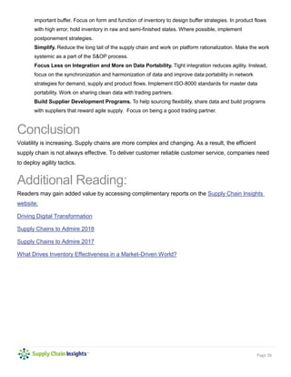 Page 36
important buffer. Focus on form and function of inventory to design buffer strategies. In product flows
with high error, hold inventory in raw and semi-finished states. Where possible, implement
postponement strategies.
Simplify. Reduce the long tail of the supply chain and work on platform rationalization. Make the work
systemic as a part of the S&OP process.
Focus Less on Integration and More on Data Portability. Tight integration reduces agility. Instead,
focus on the synchronization and harmonization of data and improve data portability in network
strategies for demand, supply and product flows. Implement ISO-8000 standards for master data
portability. Work on sharing clean data with trading partners.
Build Supplier Development Programs. To help sourcing flexibility, share data and build programs
with suppliers that reward agile supply. Focus on being a good trading partner.
Conclusion
Volatility is increasing. Supply chains are more complex and changing. As a result, the efficient
supply chain is not always effective. To deliver customer reliable customer service, companies need
to deploy agility tactics.
Additional Reading:
Readers may gain added value by accessing complimentary reports on the Supply Chain Insights
website:
Driving Digital Transformation
Supply Chains to Admire 2018
Supply Chains to Admire 2017
What Drives Inventory Effectiveness in a Market-Driven World?
 