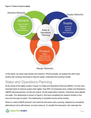 Page 6
Figure 3. Tactics to Improve Agility
In this report, we share case studies and research. Where possible, we support the client case
studies with company financials to help the reader understand the business results.
Sales and Operations Planning
At the center of the agility model in Figure 3 is Sales and Operations Planning (S&OP). It is the most
important tactic to improve supply chain agility. Over 80% of companies have a Sales and Operations
(S&OP) planning process, but few are mature. As the organization matures, it becomes more aligned
and agile. This relationship is shown in Figure 4. We have completed five research studies in this
area over the past six years. This relationship is consistent across all the studies.
What is a mature S&OP process? Let's start this discussion with a warning. Hijacked by consultants
attempting to drive self-interest, acronyms abound. To simplify this discussion, let’s side-step the
 