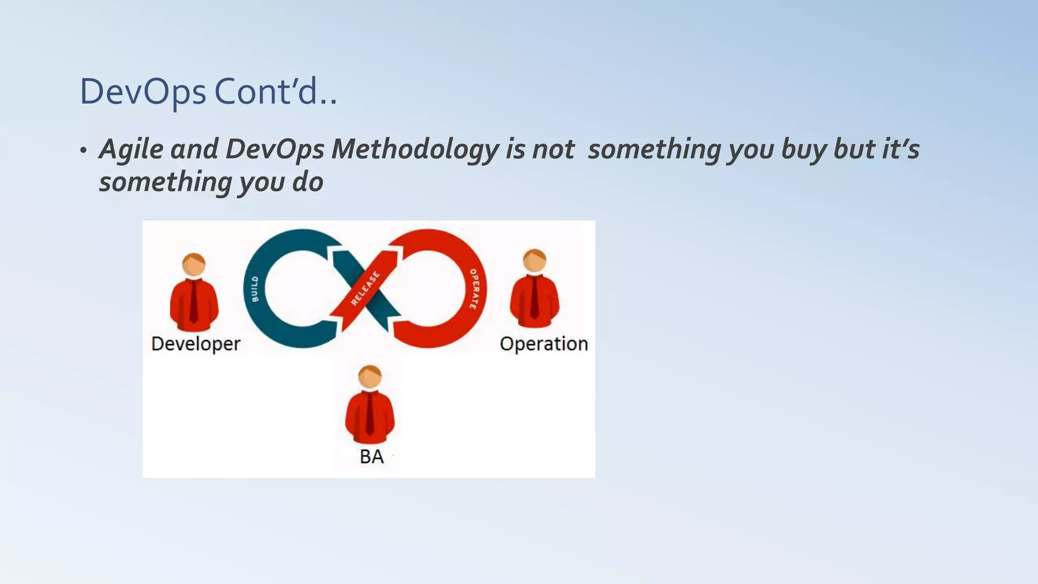 DevOps Cont’d..
• Agile and DevOps Methodology is not something you buy but it’s
something you do
 