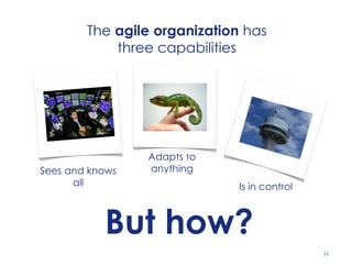 11Theagile organization has three capabilitiesAdapts to anythingSees and knows allIs in controlBut how?