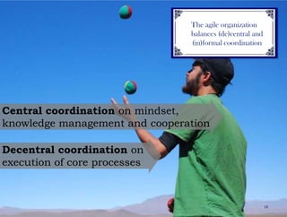18The agile organization balances (de)central and (in)formal coordinationCentral coordinationonmindset, knowledge management and cooperationDecentralcoordinationonexecution of core processes