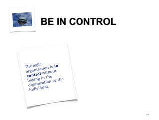 24BE IN CONTROLThe agileorganization is in controlwithout boxing in the organizationor the individual.