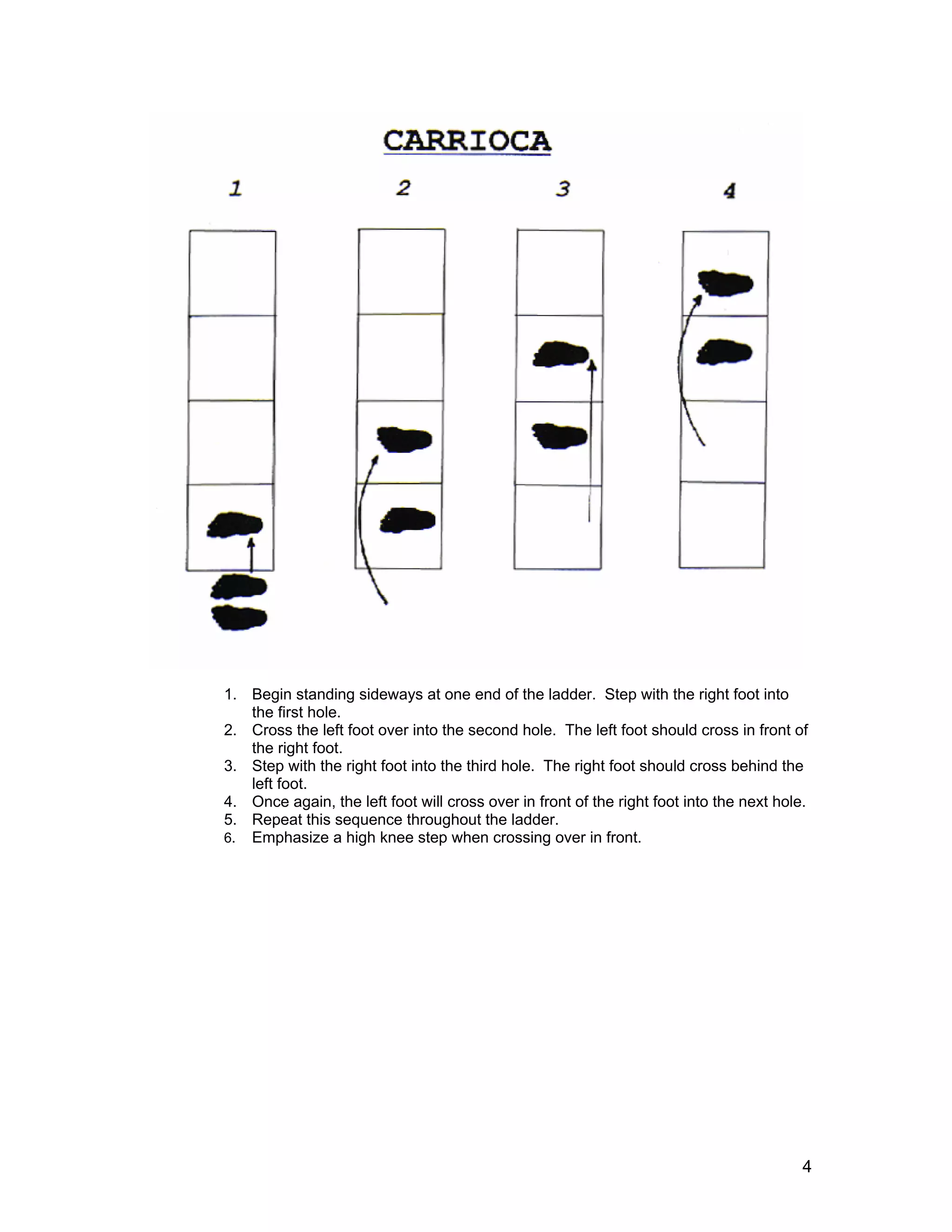 1. Begin standing sideways at one end of the ladder. Step with the right foot into
   the first hole.
2. Cross the left foot over into the second hole. The left foot should cross in front of
   the right foot.
3. Step with the right foot into the third hole. The right foot should cross behind the
   left foot.
4. Once again, the left foot will cross over in front of the right foot into the next hole.
5. Repeat this sequence throughout the ladder.
6. Emphasize a high knee step when crossing over in front.




                                                                                          4
 