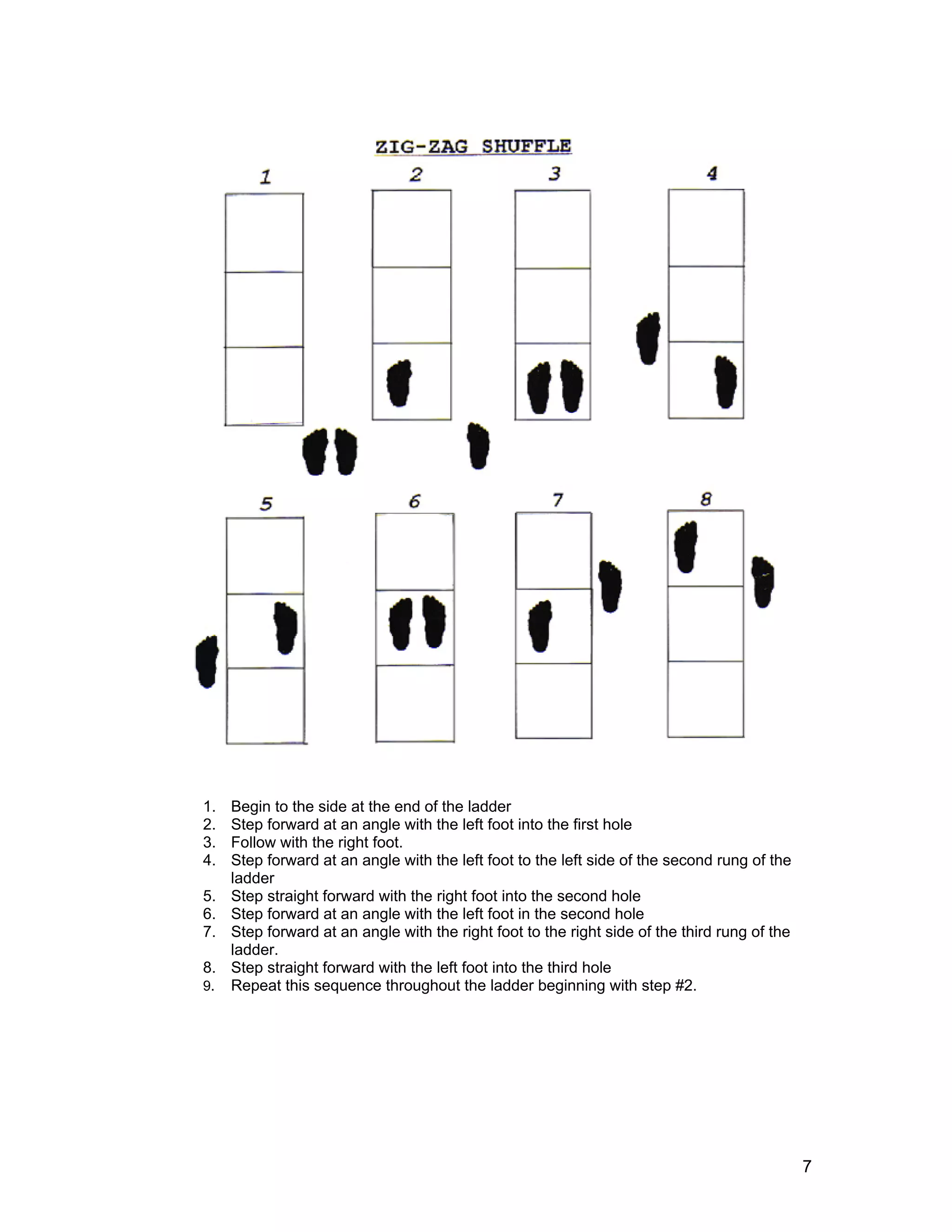 1.   Begin to the side at the end of the ladder
2.   Step forward at an angle with the left foot into the first hole
3.   Follow with the right foot.
4.   Step forward at an angle with the left foot to the left side of the second rung of the
     ladder
5.   Step straight forward with the right foot into the second hole
6.   Step forward at an angle with the left foot in the second hole
7.   Step forward at an angle with the right foot to the right side of the third rung of the
     ladder.
8.   Step straight forward with the left foot into the third hole
9.   Repeat this sequence throughout the ladder beginning with step #2.




                                                                                               7
 