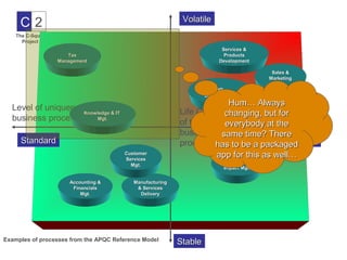 Volatile
     C2
    The C-Square
      Project
                                                                         Services &
                      Tax                                                 Products
                   Management                                           Development

                                                                                        Sales &
                                                                                       Marketing
                                                                                         Mgt.
                                                                       HR
                                                                   Development
                                                                       Hum… Always
  Level of uniqueness of a & IT                           Life Cycle changing,Strategy
                    Knowledge                                                     but for
  business process      Mgt.
                                                          of the      everybody at the
                                                                               Development

                                                          business same time? There
     Standard                                             process has to be a packaged     Specific
                                       Customer
                                       Services
                                                                    app for this as well…
                                                                         Environment
                                         Mgt.
                                                                         Impact Mgt.


                       Accounting &       Manufacturing
                        Financials         & Services
                           Mgt.             Delivery




Examples of processes from the APQC Reference Model       Stable
 