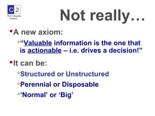 Not really…
 C2
The C-Square
  Project




  A new axiom:
        “Valuable information is the one that
         is actionable – i.e. drives a decision!”
  It can be:
        Structured or Unstructured
        Perennial or Disposable
        ‘Normal’ or ‘Big’
 