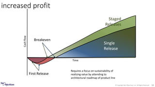 © Copyright Net Objectives, Inc. All Rights Reserved 18
Cashflow
Breakeven
Single
Release
First Release
Time
Staged
Releases
Requires a focus on sustainability of
realizing value by attending to
architectural roadmap of product line
increased profit
 