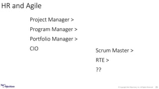 © Copyright Net Objectives, Inc. All Rights Reserved 39
Project Manager >
Program Manager >
Portfolio Manager >
CIO
HR and Agile
Scrum Master >
RTE >
??
 