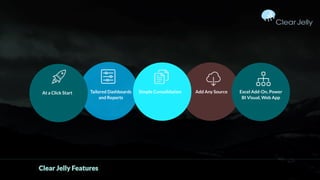Tailored Dashboards
and Reports
Add Any Source Excel Add-On, Power
BI Visual, Web App
At a Click Start
Clear Jelly Features
Simple Consolidation
 