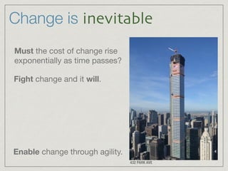 Change is inevitable
Must the cost of change rise

exponentially as time passes?
Fight change and it will.
Enable change through agility.
432 PARK AVE
 
