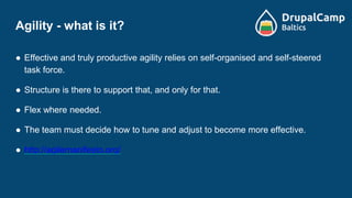 Agility - what is it?
● Effective and truly productive agility relies on self-organised and self-steered
task force.
● Structure is there to support that, and only for that.
● Flex where needed.
● The team must decide how to tune and adjust to become more effective.
● http://agilemanifesto.org/
 