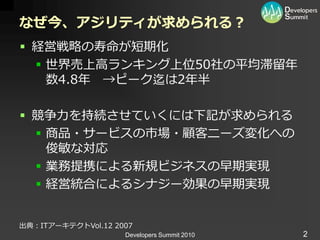 なぜ今、アジリティが求められる？
 経営戦略の寿命が短期化
   世界売上高ランキング上位50社の平均滞留年
    数4.8年 →ピーク迄は2年半

 競争力を持続させていくには下記が求められる
   商品・サービスの市場・顧客ニーズ変化への
    俊敏な対応
   業務提携による新規ビジネスの早期実現
   経営統合によるシナジー効果の早期実現


出典：ITゕーキテクトVol.12 2007
                    Developers Summit 2010   2
 