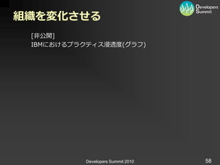 組織を変化させる
 [非公開]
 IBMにおけるプラクテゖス浸透度(グラフ)




           Developers Summit 2010   58
 