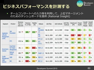 ビジネスパフォーマンスを計測する
      チームコンサートへの入力等を利用して、上位マネージメント
       のためのダッシュボードを提供 (Rational Insight)




出展： Scaling Software Agility


                               Developers Summit 2010   60
 