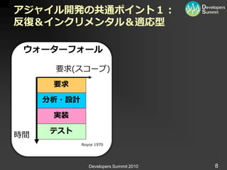 アジャイル開発の共通ポイント１：
反復＆インクリメンタル＆適応型

 ウォーターフォール

      要求(スコープ)
      要求

     分析・設計

      実装

     テスト
時間
             Royce 1970




                Developers Summit 2010   8
 