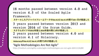 18 months passed between version 4.0 and
version 4.5 of the Scaled Agile
Framework.
3 years passed between version 2013 and
version 2016 of the Scrum Guide.
仯Υե`ߥ
2 years passed between version 4.0 and
version 4.1 of Holacracy.
Agile Methodologies Are Not Agile
https://medium.com/agility-scales/agile-methodologies-are-not-agile-d6411126d80
`뤷㥤ե``Ver.4.0Ver.4.5g18¤U^
६ɤ20132016g3꤬U^
HolacracyVer.4.0Ver.4.1g2꤬U^
 