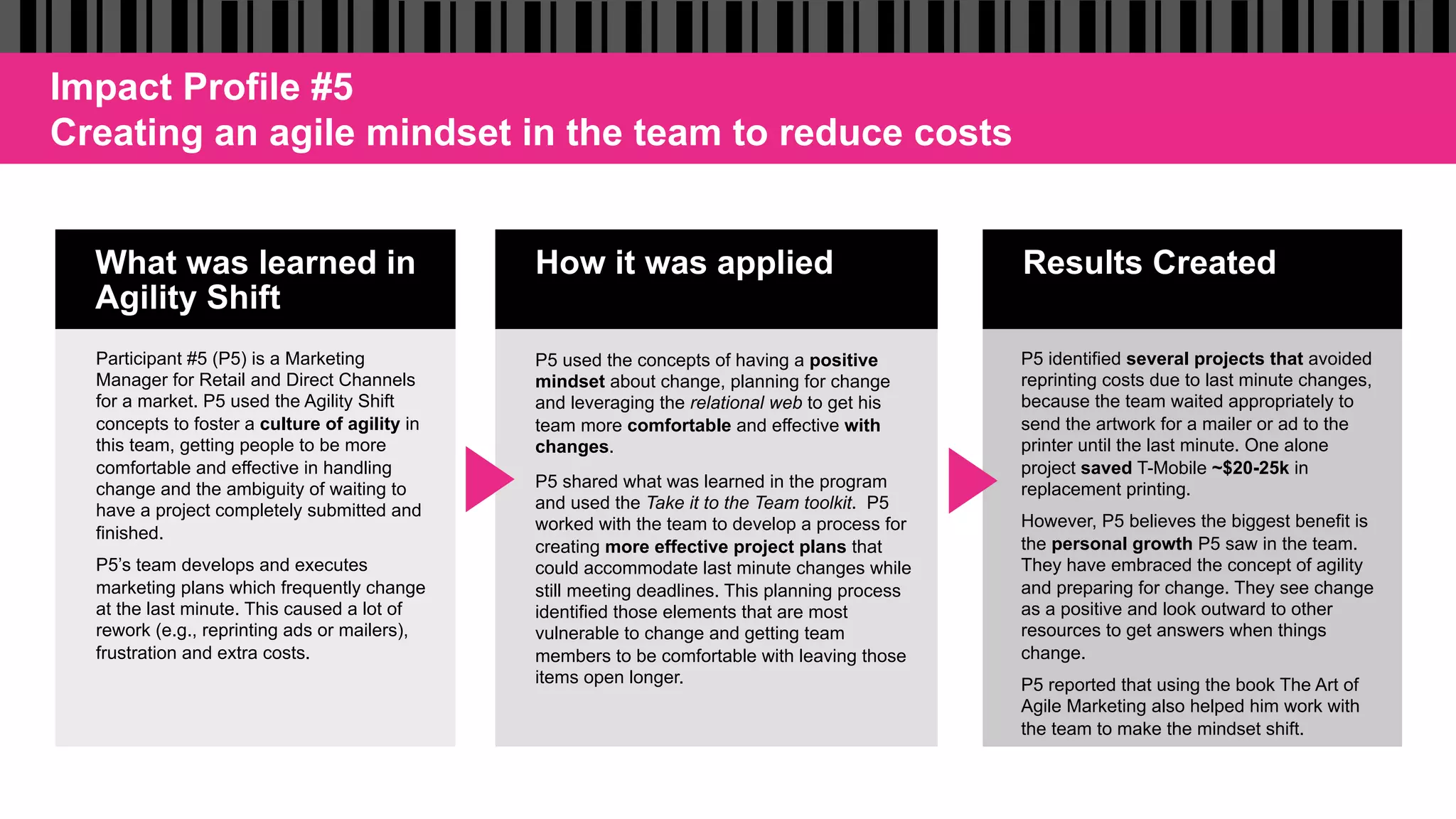 What was learned in
Agility Shift
How it was applied Results Created
Participant #5 (P5) is a Marketing
Manager for Retail and Direct Channels
for a market. P5 used the Agility Shift
concepts to foster a culture of agility in
this team, getting people to be more
comfortable and effective in handling
change and the ambiguity of waiting to
have a project completely submitted and
finished.
P5’s team develops and executes
marketing plans which frequently change
at the last minute. This caused a lot of
rework (e.g., reprinting ads or mailers),
frustration and extra costs.
P5 used the concepts of having a positive
mindset about change, planning for change
and leveraging the relational web to get his
team more comfortable and effective with
changes.
P5 shared what was learned in the program
and used the Take it to the Team toolkit. P5
worked with the team to develop a process for
creating more effective project plans that
could accommodate last minute changes while
still meeting deadlines. This planning process
identified those elements that are most
vulnerable to change and getting team
members to be comfortable with leaving those
items open longer.
P5 identified several projects that avoided
reprinting costs due to last minute changes,
because the team waited appropriately to
send the artwork for a mailer or ad to the
printer until the last minute. One alone
project saved T-Mobile ~$20-25k in
replacement printing.
However, P5 believes the biggest benefit is
the personal growth P5 saw in the team.
They have embraced the concept of agility
and preparing for change. They see change
as a positive and look outward to other
resources to get answers when things
change.
P5 reported that using the book The Art of
Agile Marketing also helped him work with
the team to make the mindset shift.
Impact Profile #5
Creating an agile mindset in the team to reduce costs
 