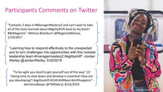 13
Participants Comments on Twitter
T-Mobile Internal
“Fantastic	2	days	in	#ManagerMastery2	and	can't	wait	to	take	
all	of	the	tools	learned	about	#AgilityShift	back	to	my	team!	
#BeMagenta”	-Melissa	Blackburn	@MagentaMelissa,	
1/19/2017
"To	be	agile	you	need	to	get	yourself	out	of	the	way"	///	
Taking	time	to	slow	down	and	develop	is	essential!	How	are	
you	developing?!	#agilityshift	#1HR	#HRNext	#shifthappens”	-
darrelreidboyer	@TMOdaryl,	8/16/2019	
“Learning how to respond effectively to the unexpected
and to turn challenges into opportunities with this rockstar
leadership team #managermastery2 #agilityshift” -Jordan
Werley @JordanWerley, 5/30/2019
 