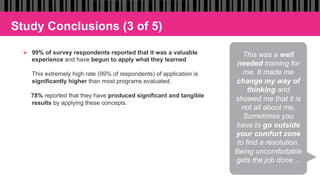 Study Conclusions (3 of 5)
Ø  99% of survey respondents reported that it was a valuable
experience and have begun to apply what they learned
3.  This extremely high rate (99% of respondents) of application is
significantly higher than most programs evaluated.
4.  78% reported that they have produced significant and tangible
results by applying these concepts.
This was a well
needed training for
me. It made me
change my way of
thinking and
showed me that it is
not all about me.
Sometimes you
have to go outside
your comfort zone
to find a resolution.
Being uncomfortable
gets the job done…
 