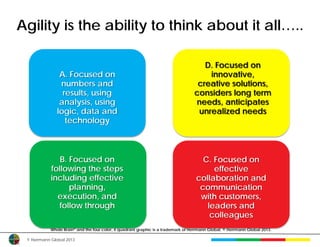 Agility is the ability to think about it all…..

                                                                                     D. Focused on
               A. Focused on                                                          innovative,
               numbers and                                                         creative solutions,
                results, using                                                    considers long term
               analysis, using                                                    needs, anticipates
              logic, data and                                                      unrealized needs
                 technology



               B. Focused on                                                         C. Focused on
            following the steps                                                         effective
            including effective                                                    collaboration and
                  planning,                                                         communication
              execution, and                                                        with customers,
              follow through                                                          leaders and
                                                                                       colleagues
           Whole Brain® and the four color, 4 quadrant graphic is a trademark of Herrmann Global. © Herrmann Global 2013.

 © Herrmann Global 2013
 