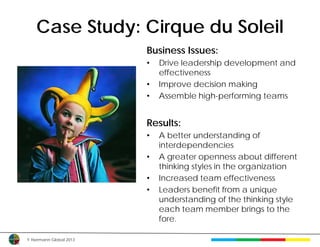 Case Study: Cirque du Soleil
                         Business Issues:
                         •   Drive leadership development and
                             effectiveness
                         •   Improve decision making
                         •   Assemble high-performing teams


                         Results:
                         •   A better understanding of
                             interdependencies
                         •   A greater openness about different
                             thinking styles in the organization
                         •   Increased team effectiveness
                         •   Leaders benefit from a unique
                             understanding of the thinking style
                             each team member brings to the
                             fore.

© Herrmann Global 2013
 
