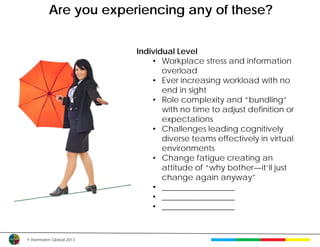 Are you experiencing any of these?


                         Individual Level
                             • Workplace stress and information
                                overload
                             • Ever increasing workload with no
                                end in sight
                             • Role complexity and “bundling”
                                with no time to adjust definition or
                                expectations
                             • Challenges leading cognitively
                                diverse teams effectively in virtual
                                environments
                             • Change fatigue creating an
                                attitude of “why bother—it’ll just
                                change again anyway”
                             • __________________
                             • __________________
                             • __________________


© Herrmann Global 2013
 