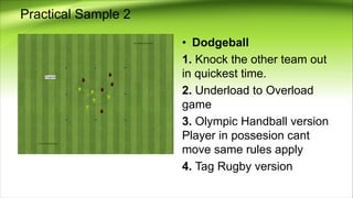 Practical Sample 2
• Dodgeball
1. Knock the other team out
in quickest time.
2. Underload to Overload
game
3. Olympic Handball version
Player in possesion cant
move same rules apply
4. Tag Rugby version
 